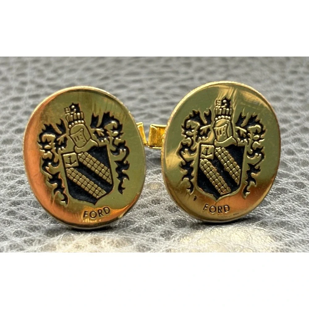 Vintage Ford Crest Heraldic Lion Black Enamel Gold Tone Oval Cufflinks